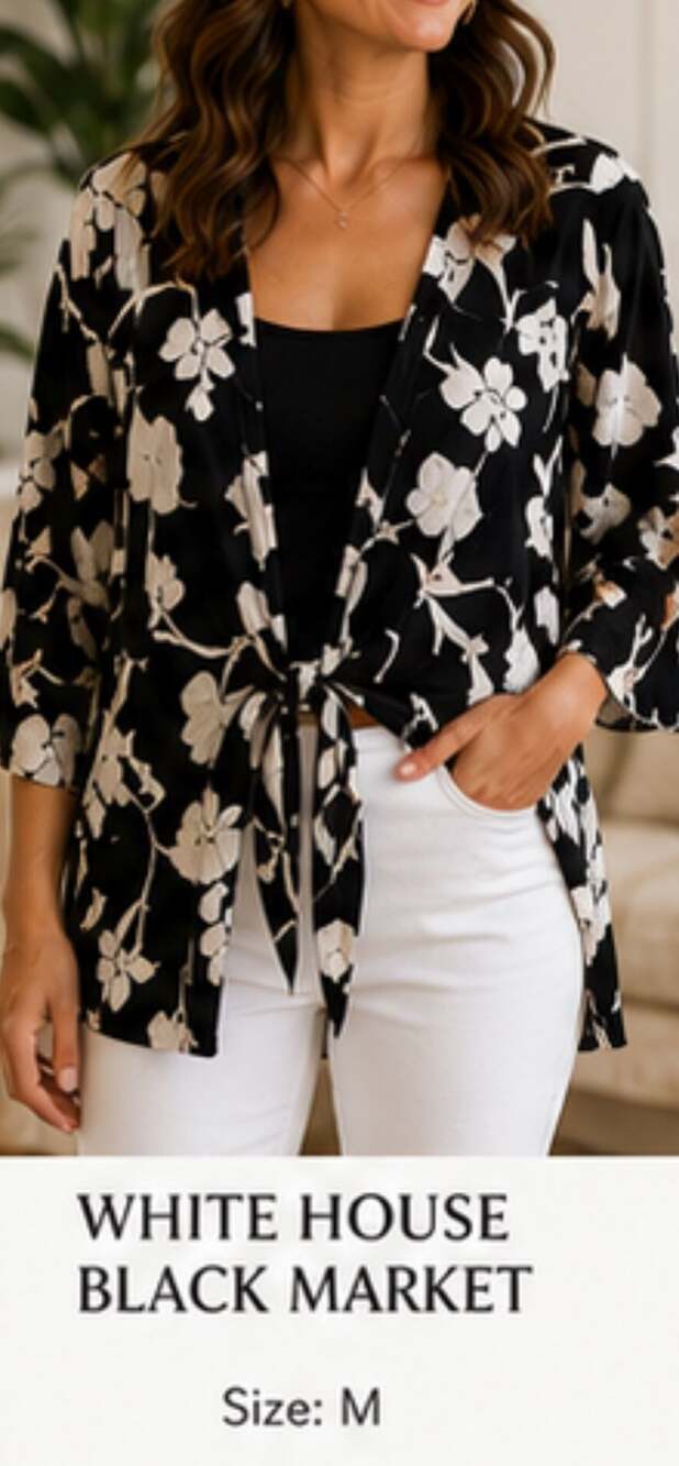 White House Black Market 100% Silk Black White Floral Tie Front Kimono Blouse M